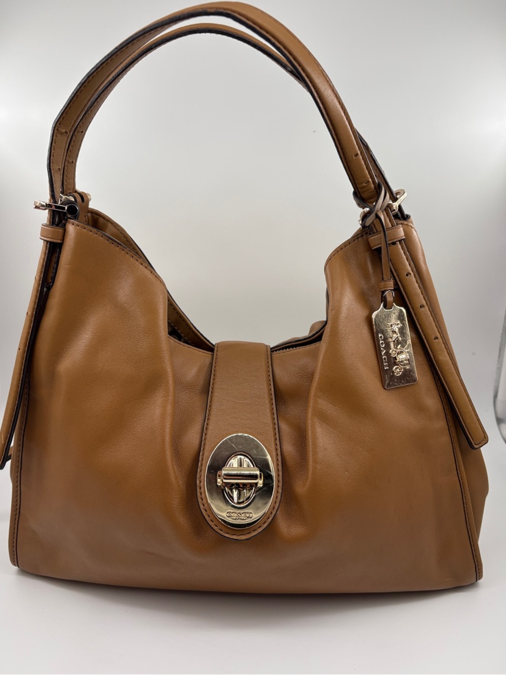 Coach Madison Carlyle Tan Leather Shoulder Bag with Gold Hardware